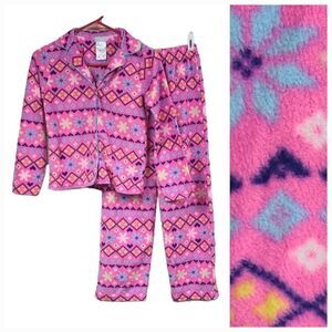 Komar Kids Fleece PJ Set Girls Size Large 10/12 Pink Fair Isle Print 2pc Pajamas
